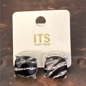 ITS Sense Black and Silver Zebra Striped Post Style Earrings